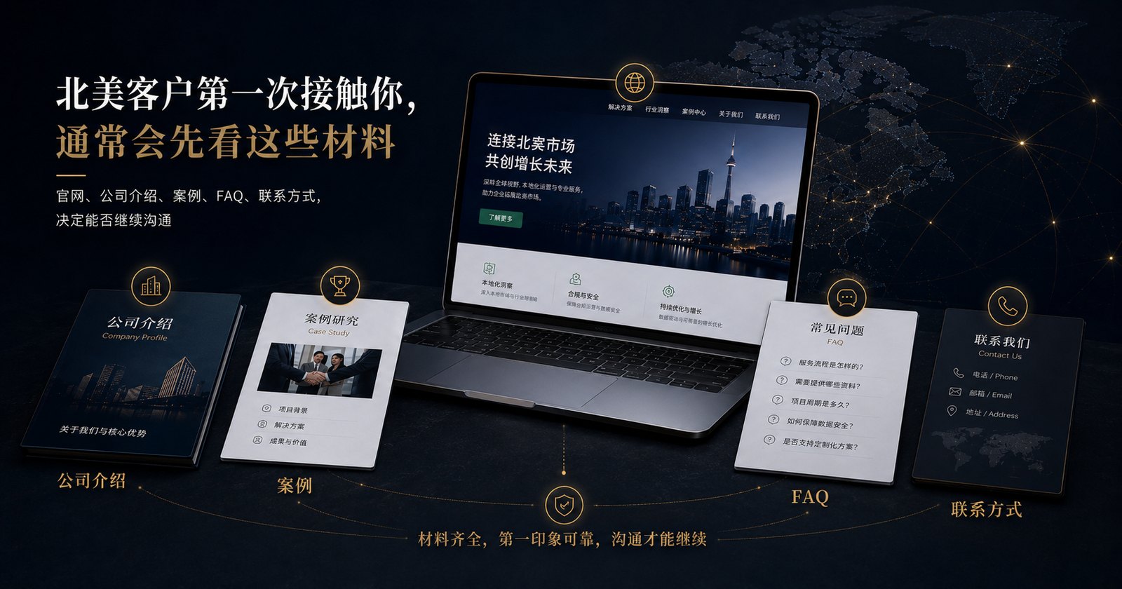 北美客户第一次接触企业通常会先看官网公司介绍案例FAQ和联系方式